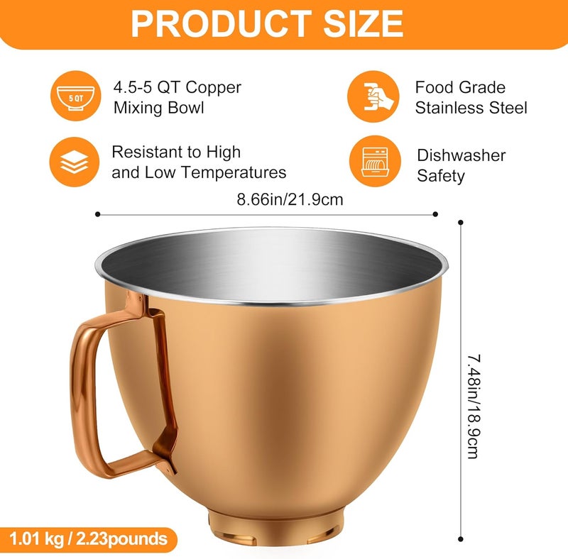 CHUDODO Copper Color Stainless Steel Mixer Bowl, Compatible with KitchenAid Series 4.5-5 QT Tilt-Head Mixers, Suitable for K45SS, KSM75, KSM90, KSM100, KSM150, Dishwasher Safe, Heavy Duty, No Residue - Image 3